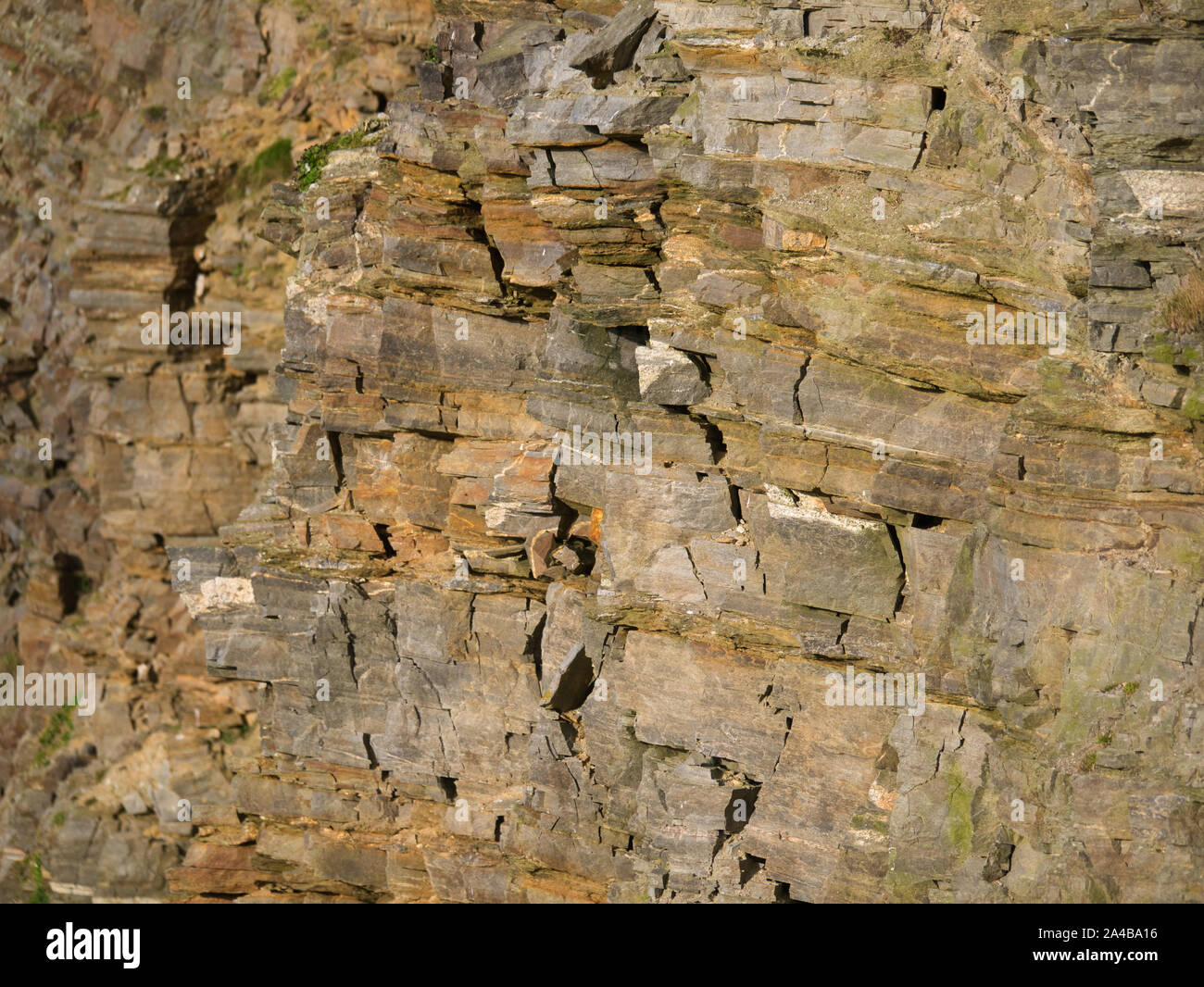 Weathered, eroded sea cliffs at Hermaness on the island of Unst in Shetland, Scotland, UK. This rock is of the Moine Supergroup. Stock Photo