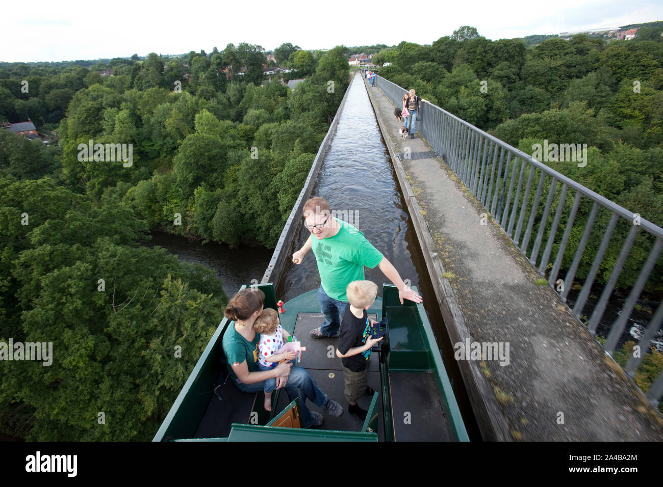 Family on the Llangollen Canal across the River Dee, to reach the