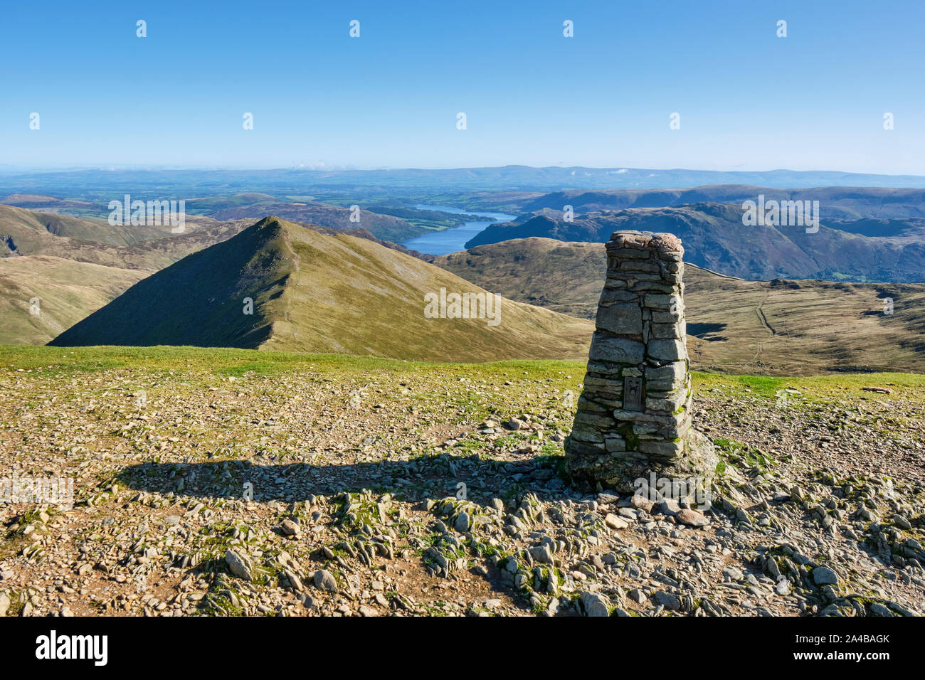 Summit cairn on Helvellyn and Catstye Cam, Helvellyn, Lake District, Cumbria Stock Photo