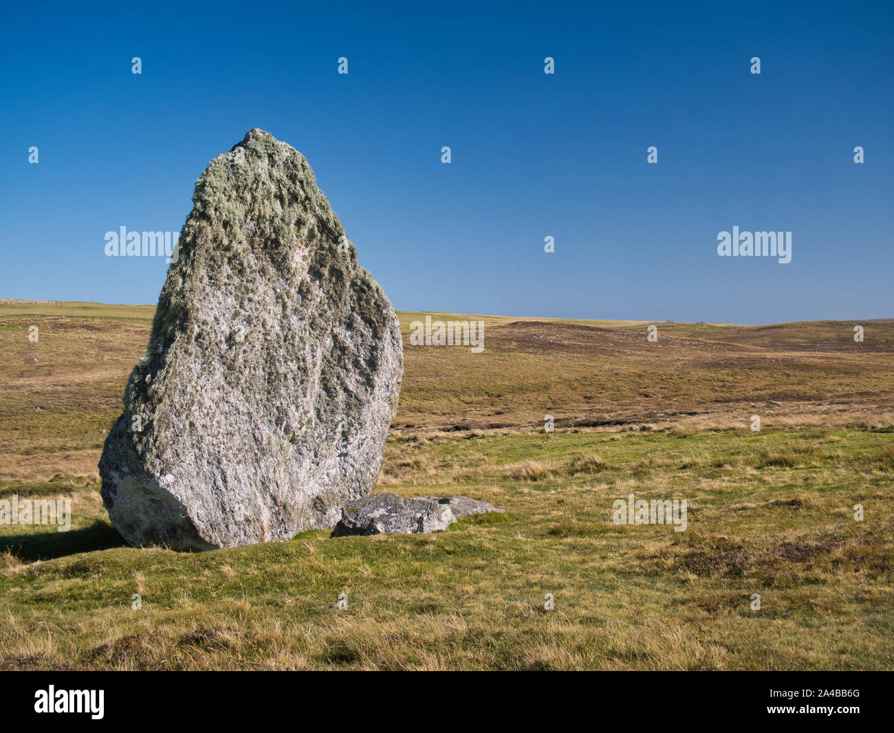 The isolated, single standing stone at Bordastubble on the island of Unst in Shetland, Scotland, UK Stock Photo