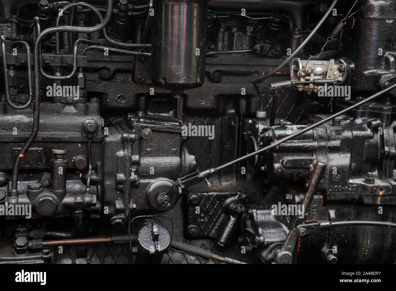 Closeup view of the engine of Russian caterpillar tractor T74 in