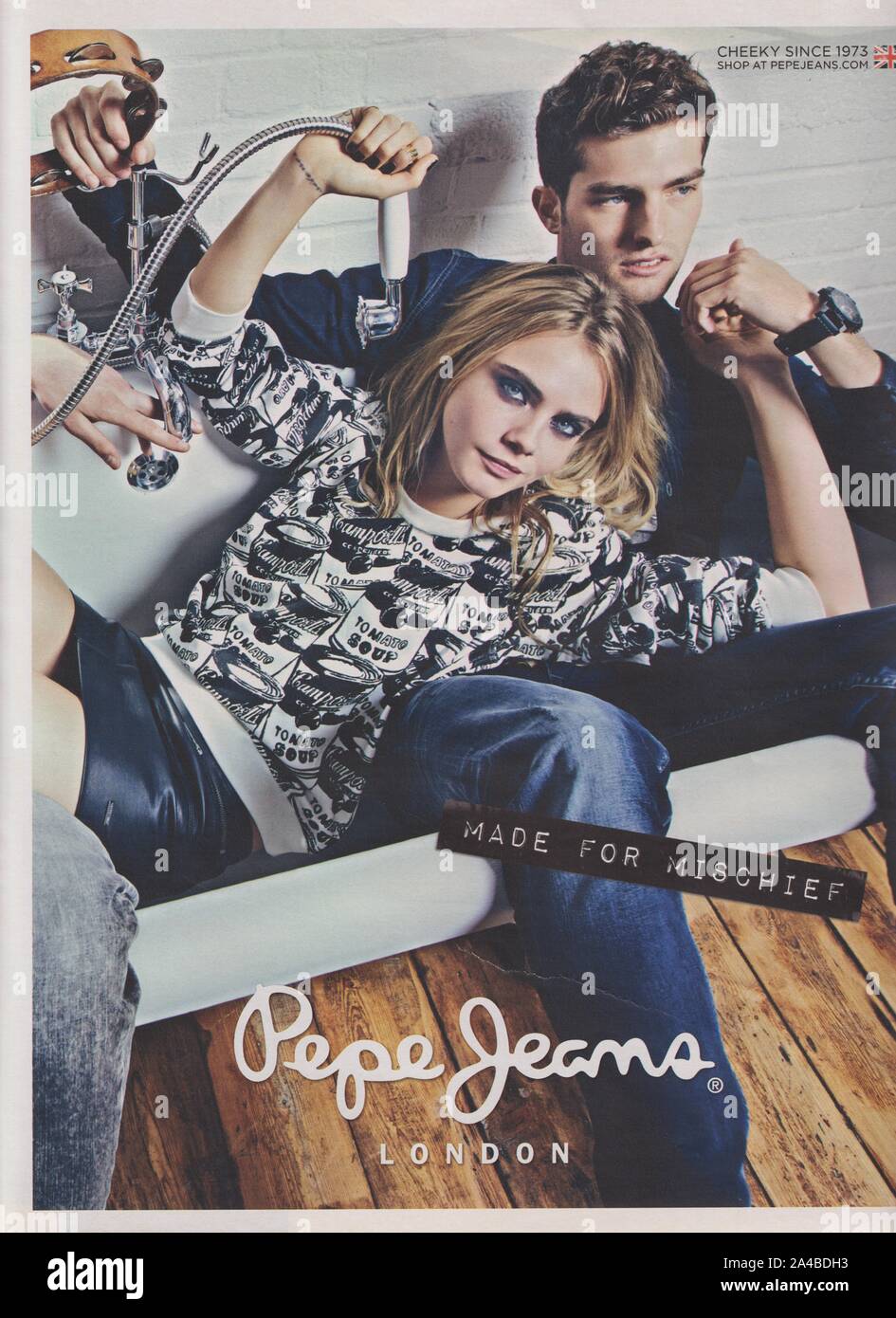poster advertising Pepe Jeans denim, casual wear jeans brand with Cara  Delevingne, magazine from 2014, advertisement, creative Pepe Jeans 2010s  advert Stock Photo - Alamy