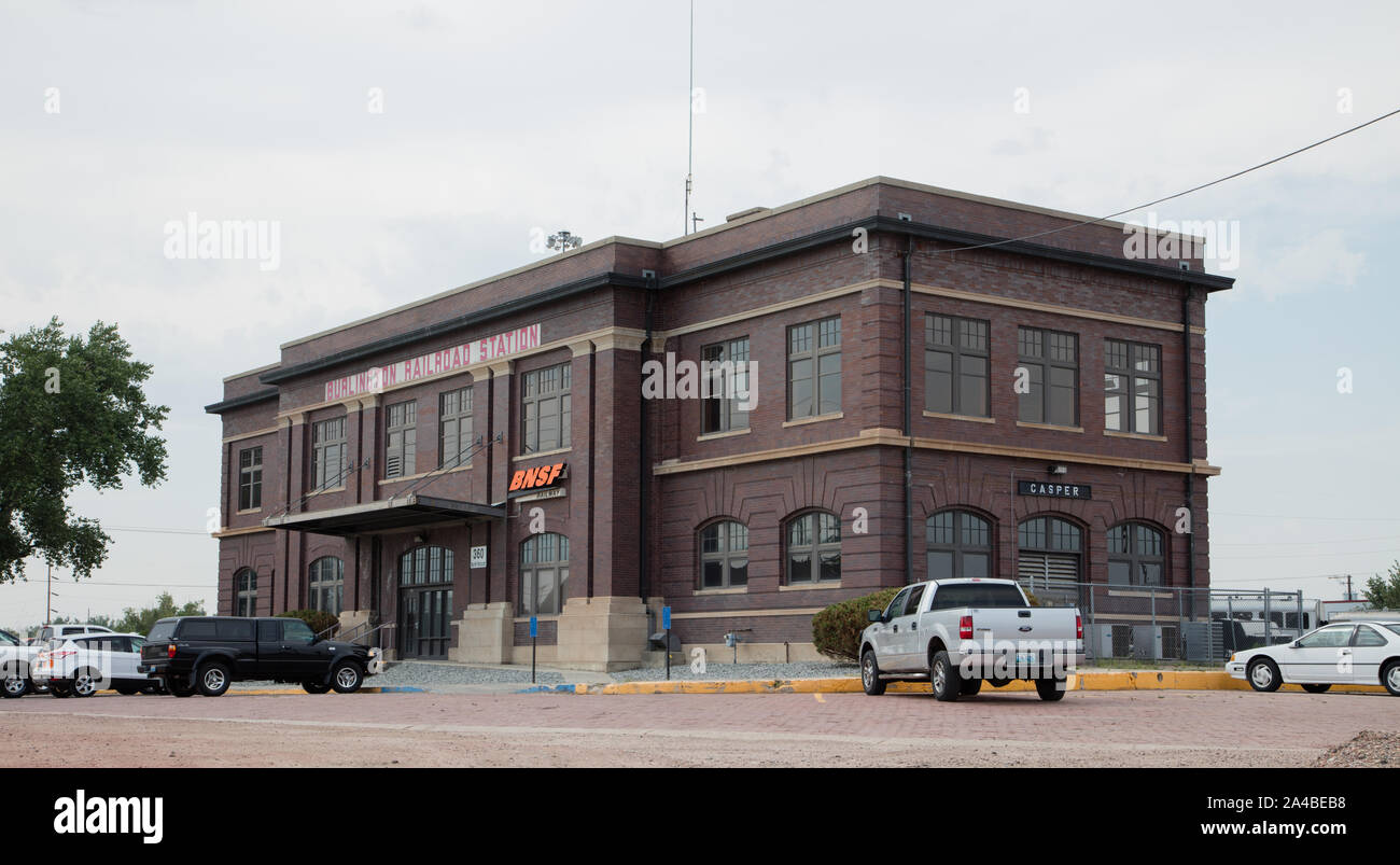 The  Burlington Northern Depot, built in 1916 in Casper, Wyoming, during an era when petroleum and livestock fueled an economic boom in Casper Stock Photo