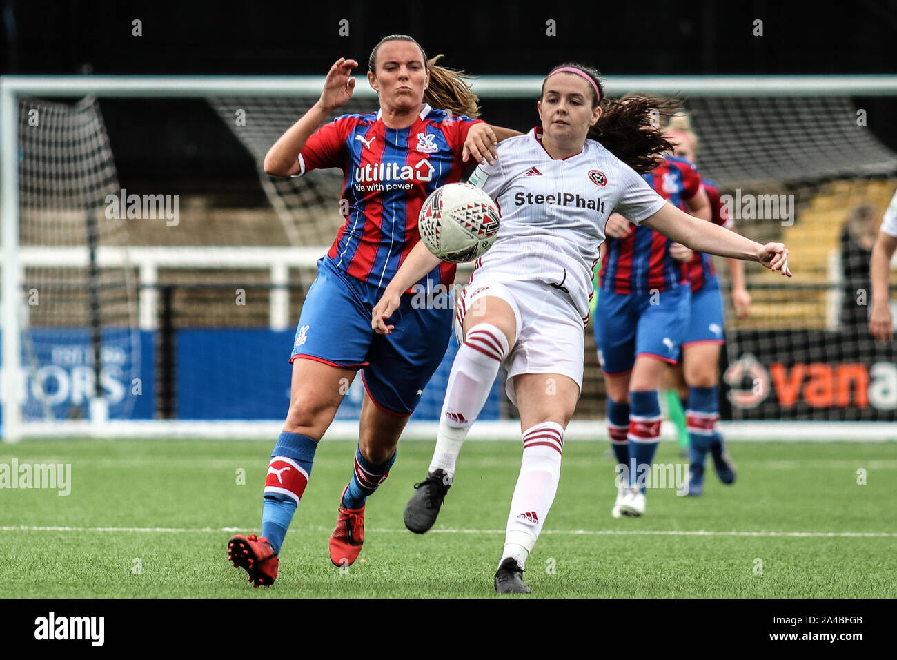 Bromley, UK. 13th Oct, 2019. LONDON, UNITED KINGDOM OCTOBER 13. Sam Tierney of Sheffield United Women volleying the ball during FA Women's Championship between Crystal Palace and Sheffield United at Hayes Lane Stadium, Bromley, UK on 13 October 2019 Credit: Action Foto Sport/Alamy Live News Stock Photo
