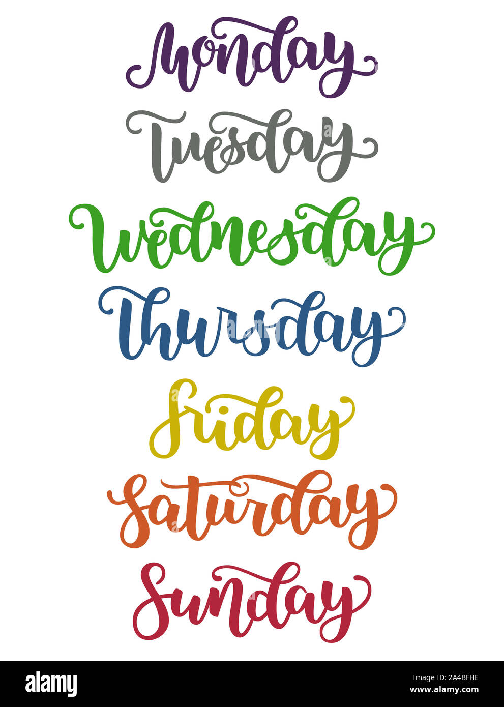 Hand Lettered Days of the Week. Calligraphy words Monday, Tuesday, Wednesday,  Thursday, Friday, Saturday, Sunday. Lettering Stock Vector Image & Art -  Alamy