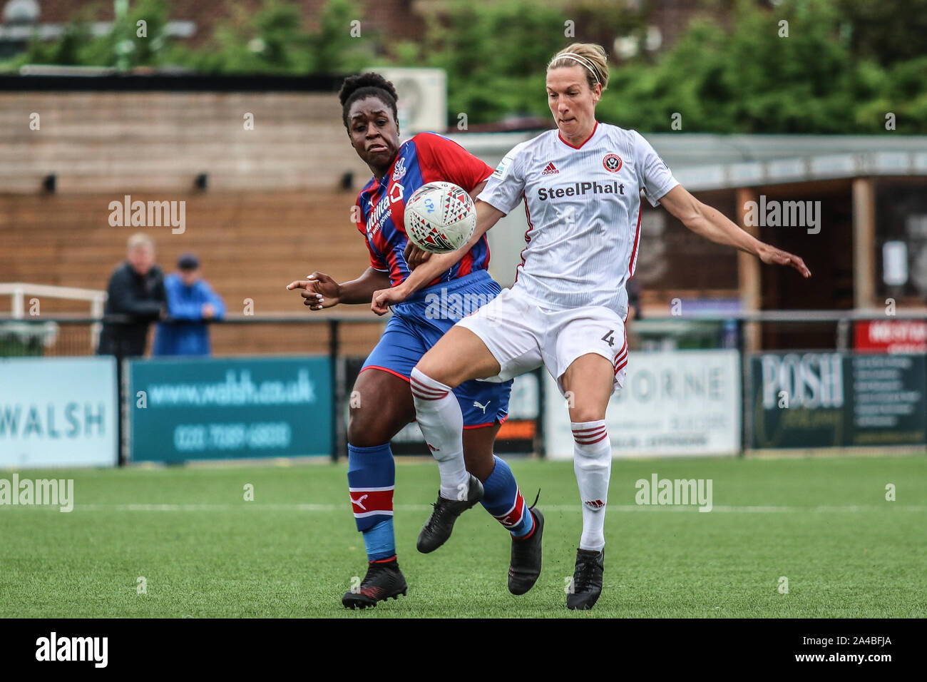 Bromley, UK. 13th Oct, 2019. LONDON, UNITED KINGDOM OCTOBER 13. Leandra Little of Sheffield United Women shielding the ball during FA Women's Championship between Crystal Palace and Sheffield United at Hayes Lane Stadium, Bromley, UK on 13 October 2019 Credit: Action Foto Sport/Alamy Live News Stock Photo