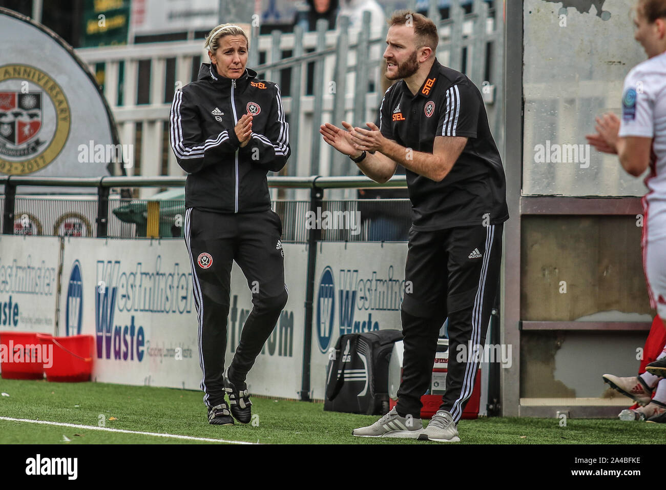 Bromley, UK. 13th Oct, 2019. LONDON, UNITED KINGDOM OCTOBER 13. Zoe Johnson manager of Sheffield United Women during FA Women's Championship between Crystal Palace and Sheffield United at Hayes Lane Stadium, Bromley, UK on 13 October 2019 Credit: Action Foto Sport/Alamy Live News Stock Photo
