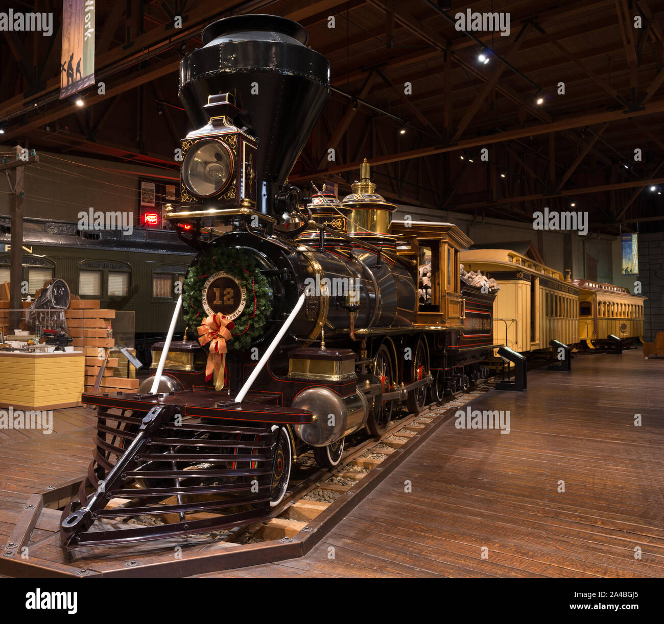 The Central Pacific Railroad's Gov. Stanford locomotive No. 1 is one of the most popular attraction at the California State Museum in the Old Sacramento section of California's capital city Stock Photo