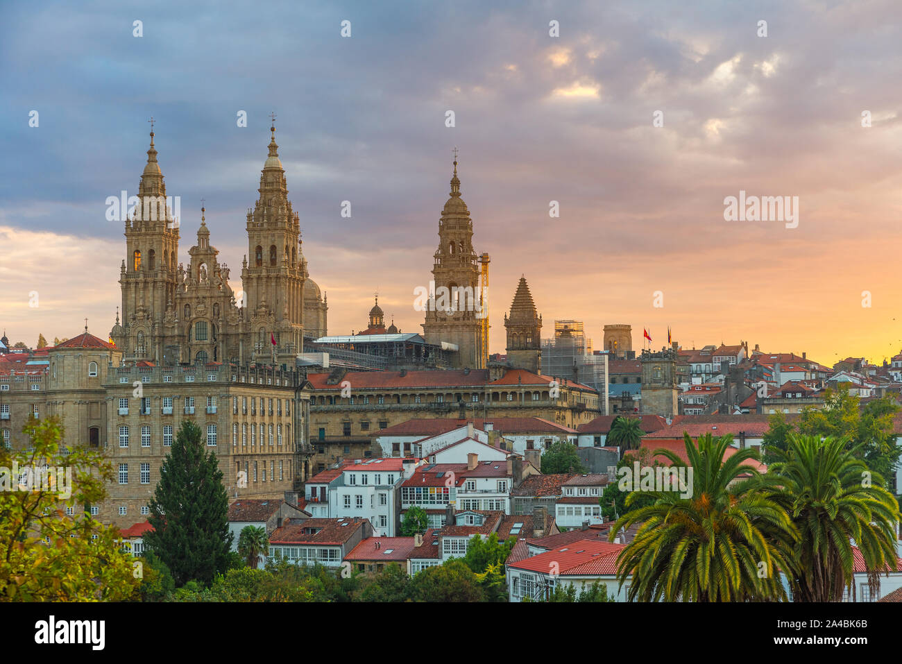 Aerial view on Santiago de Compostela Cathedral, Galicia, Spain in sunrise Stock Photo