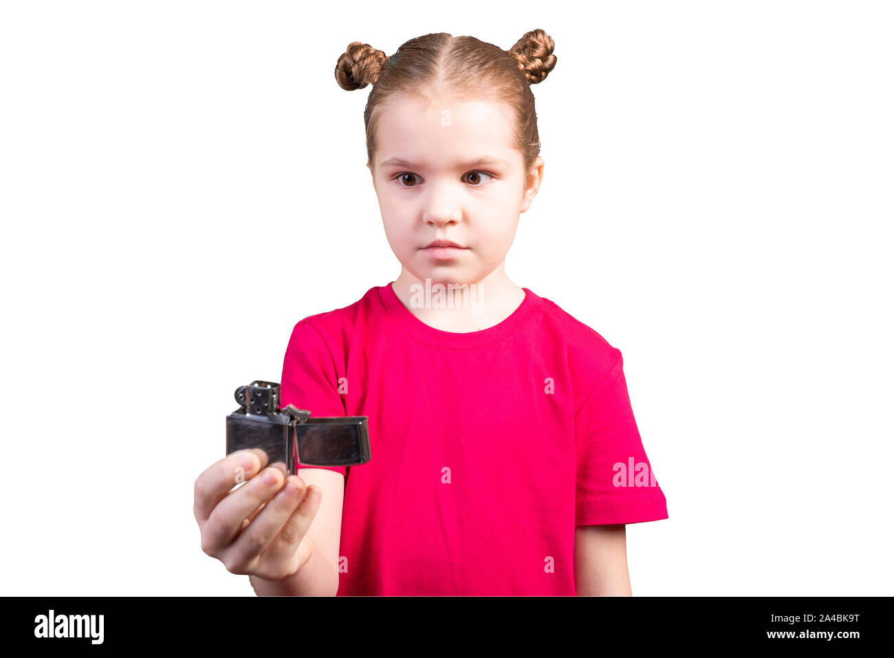 Girl playing with a lighter. Isolated on a white background. Stock Photo