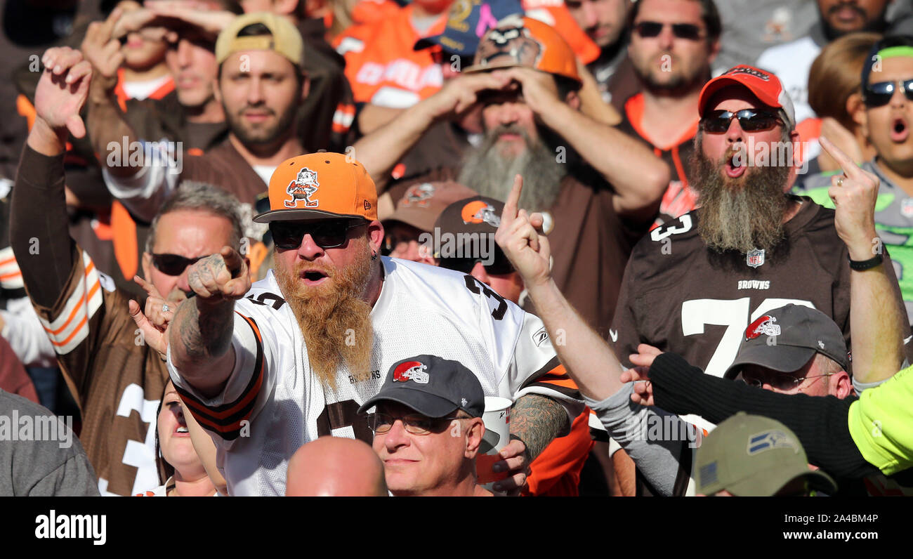 Cleveland, United States. 13th Oct, 2019. Cleveland Browns fans react to a series of calls against the Browns in the fourth quarter against the Seattle Seahawks at FirstEnergy Stadium in Cleveland, Ohio on Sunday, October 13, 2019. Photo by Aaron Josefczyk/UPI Credit: UPI/Alamy Live News Stock Photo