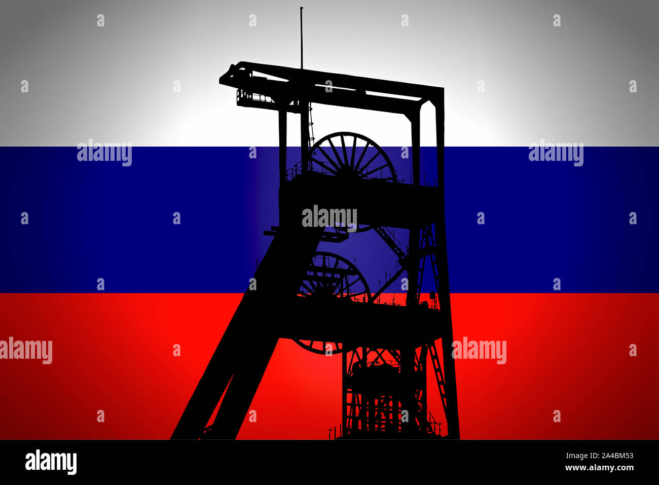 Concept Illustration With Russian Flag in the Background And Coal Mine Ferris Wheel SIlhouette in the foreground. Symbole for the upcoming energy cris Stock Photo