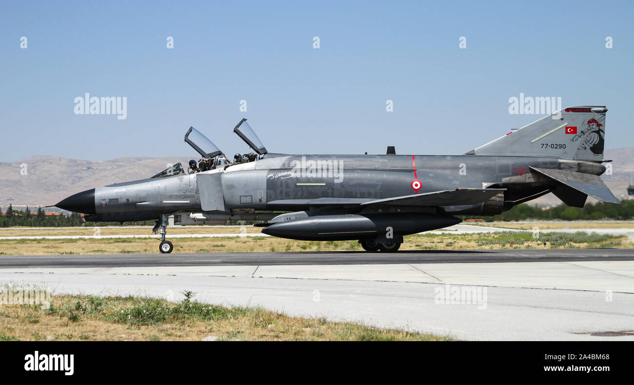 KONYA, TURKEY - JUNE 26, 2019: Turkish Air Force McDonnell Douglas F-4E Phantom II (CN 5000) taxi in Konya Airport during Anatolian Eagle Air Force Ex Stock Photo