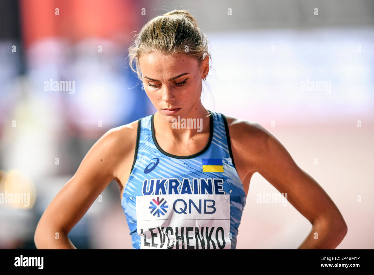 Yuliya Levchenko (Ukraine). High Jump Women finals. IAAF World Athletics Championships, Doha 2019 Stock Photo