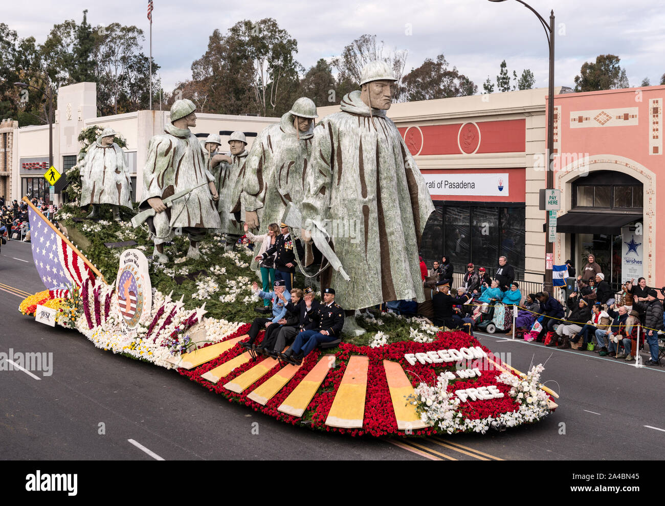 The Department of Defense Freedom is Not Free float, commemorating the 60th anniversary of the Korean War, in the 124th Rose Parade in Pasadena, California Stock Photo