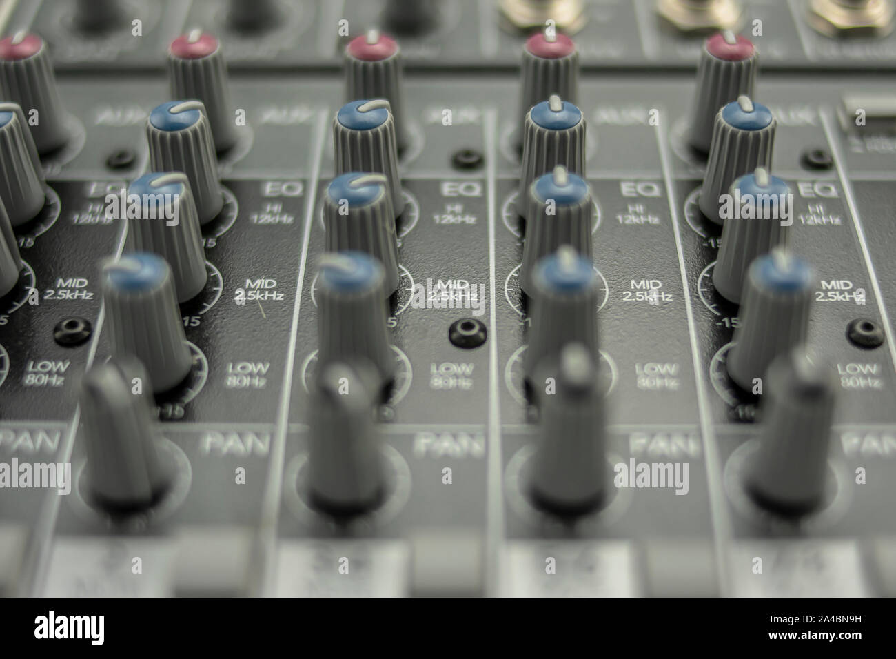 Knobs of an audio mixing table in the equalization and panning section