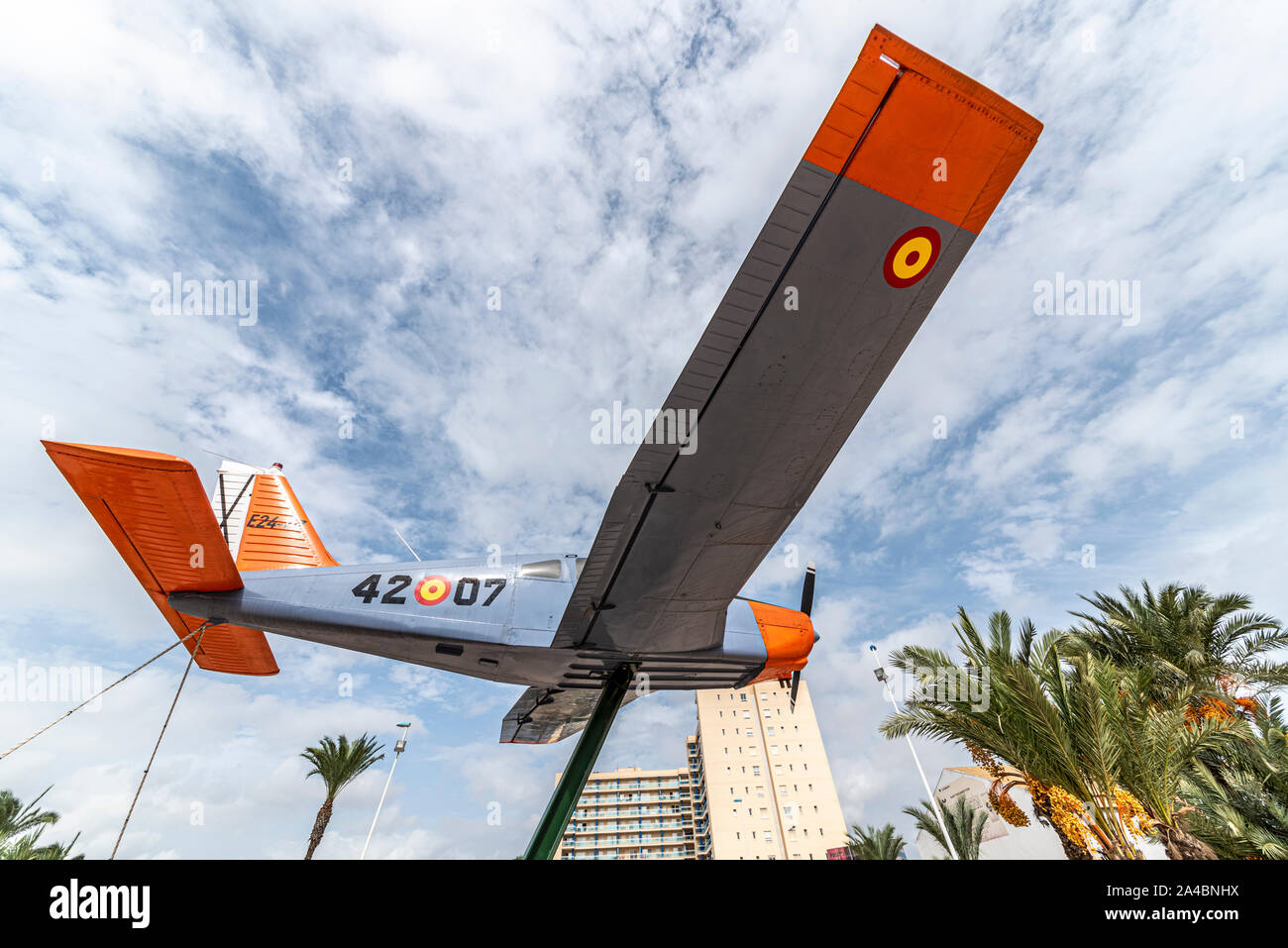 Aircraft painted as Spanish Air Force Beech E-24A Bonanza (F33C) E.24A-07 / 42-07 on a pole in Guardamar del Segura, Spain. Actually PA-28 EC-CYE Stock Photo