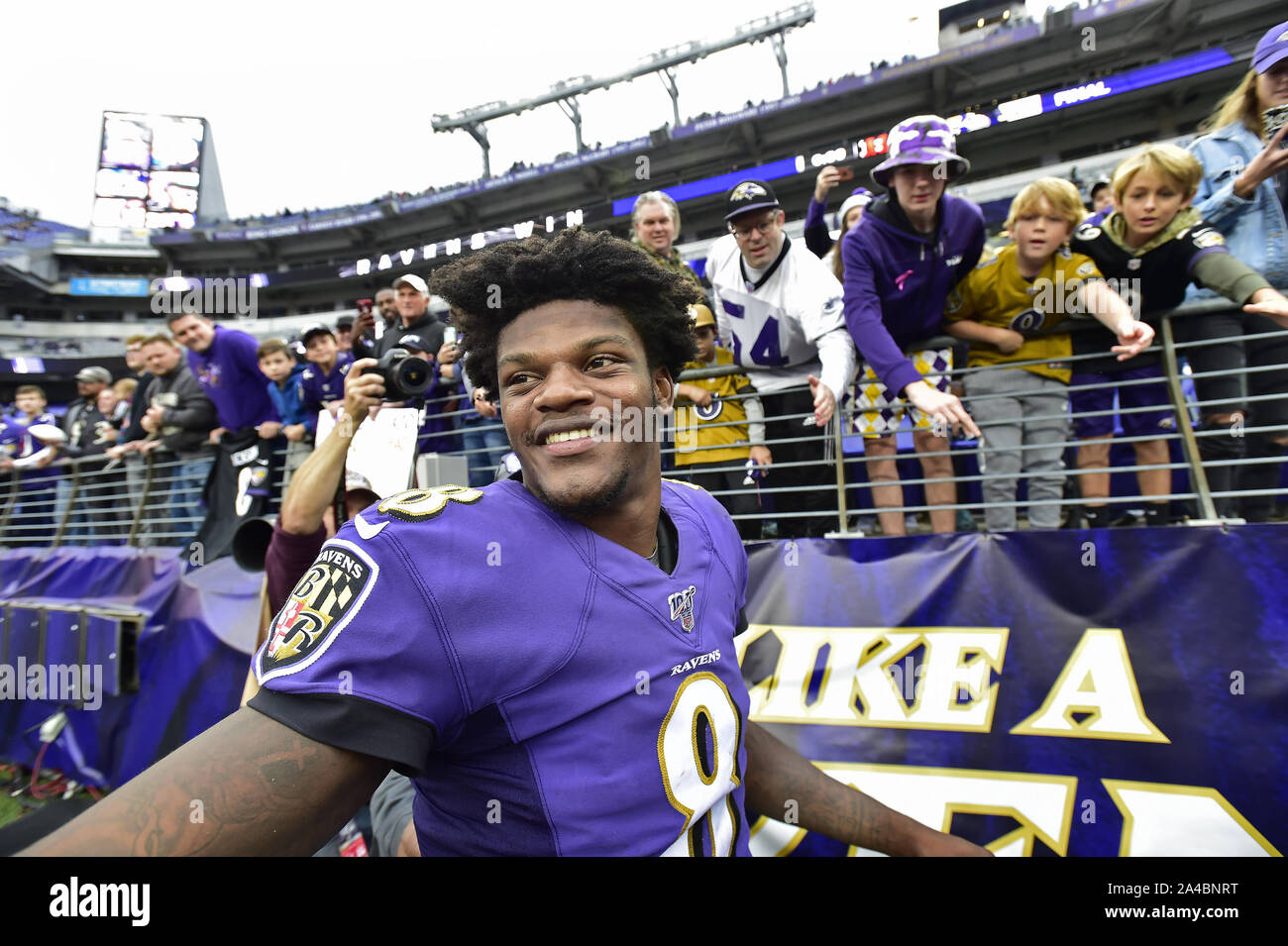 Baltimore, United States. 13th Oct, 2019. Baltimore Ravens fan Ida Warfield  wears a Super Bowl ring hat during the first half of an NFL game against  the Cincinnati Bengals at M&T Bank