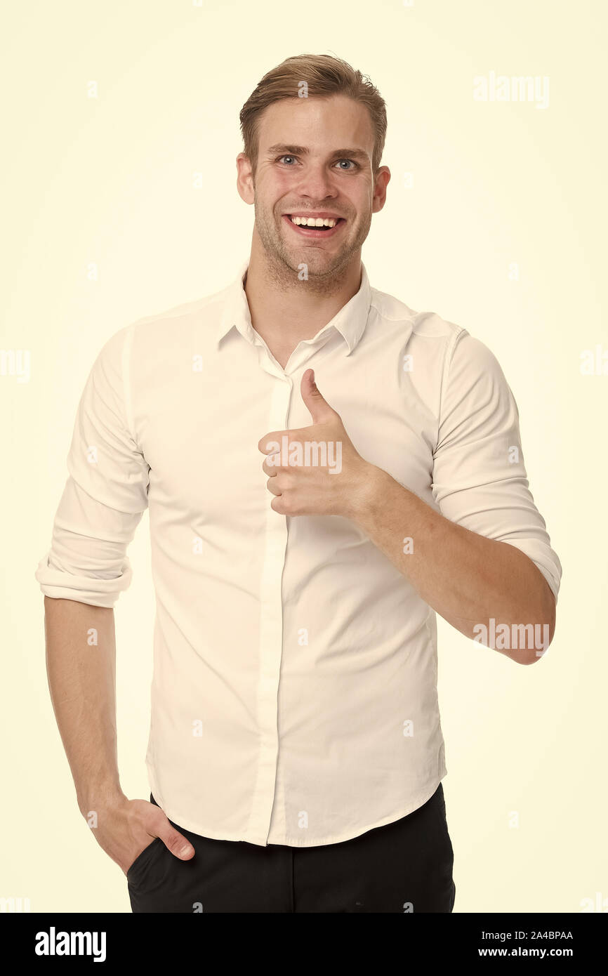 Guy shows thumbs up gesture. Excellent quality. Man confidently highly