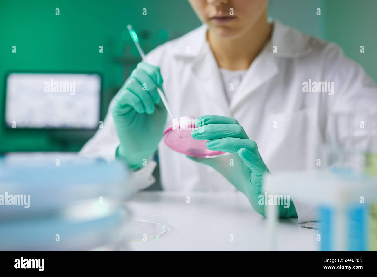 Close up of young woman holding petri dish while working on medical ...