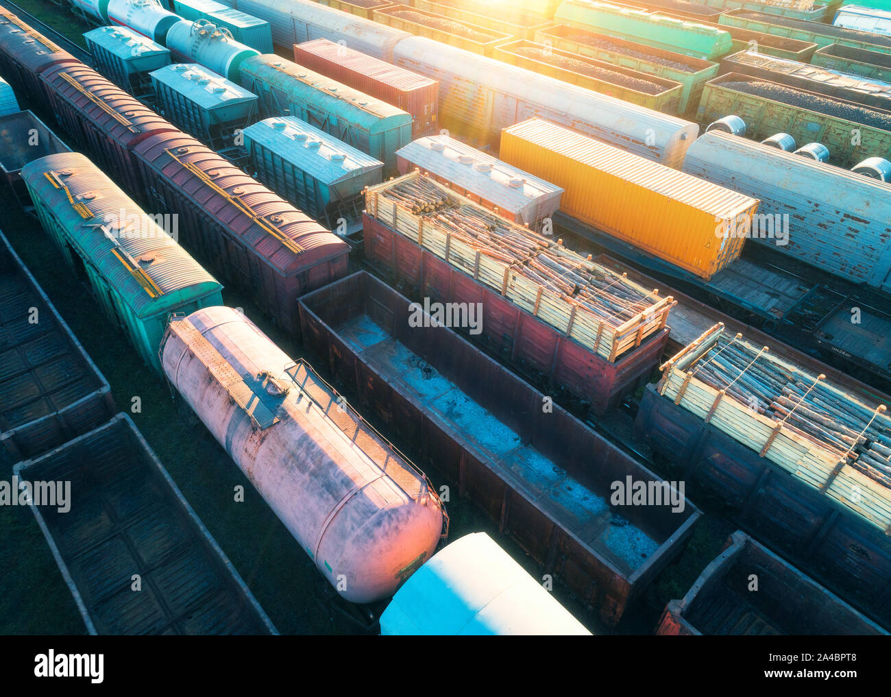 Aerial view of freight trains. Cargo wagons on railway station Stock Photo