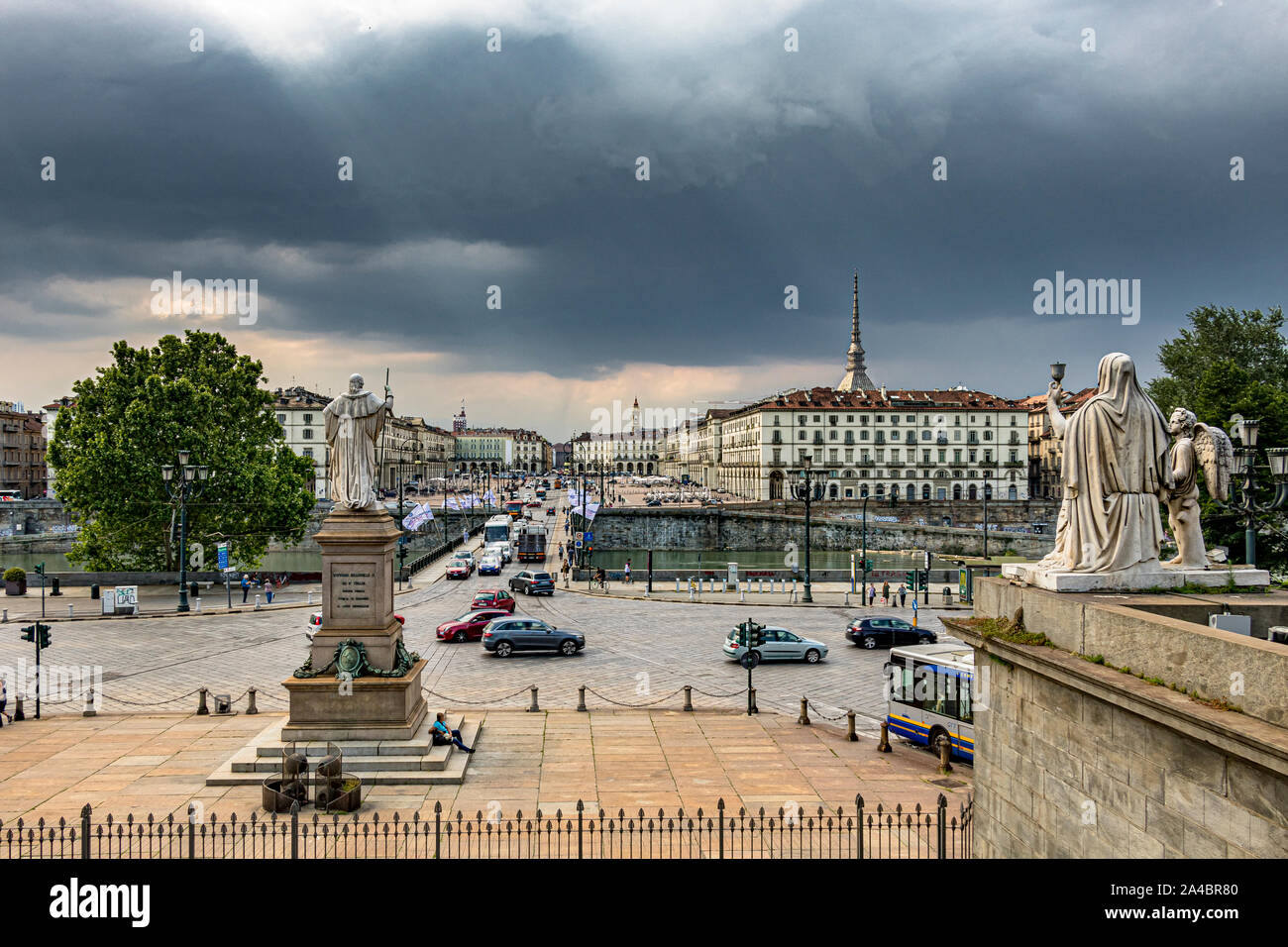 The statues of Faith And Religion in front of The Chiesa Gran Madre Di Dio facing the City of Turin from across The River Po ,Turin,Italy Stock Photo