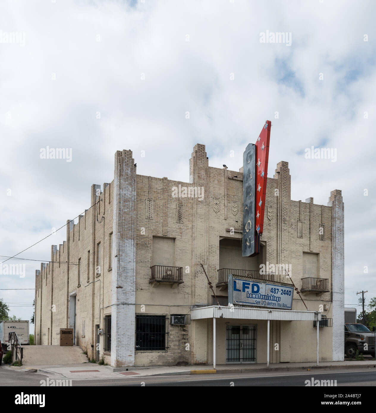 The Garmon Theatre, which opened in the 1940s and closed three decades later in Rio Grande City, Texas, became a home-furnishing store among other uses Stock Photo