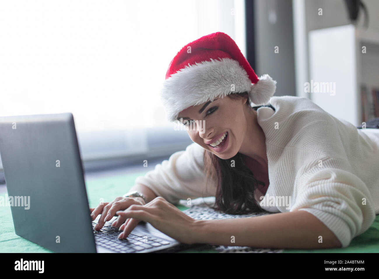 Young domestic woman online shopping for Christmas by laptop, smiling Stock Photo