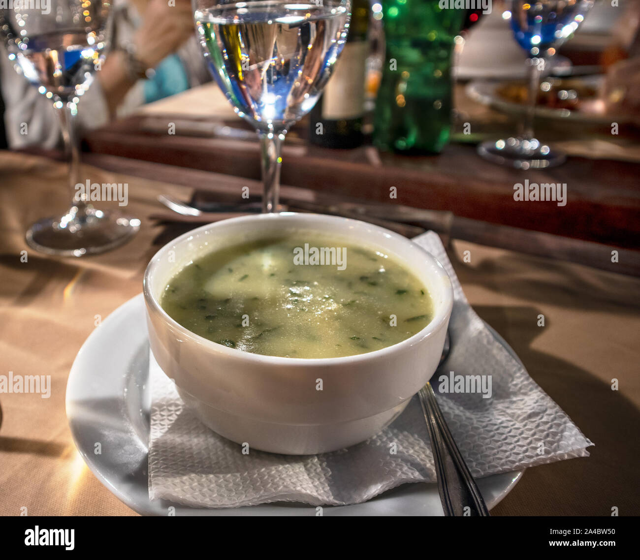 Caldo verde popular soup in Portuguese cuisine served in a restaurant, Porto, Portugal Stock Photo