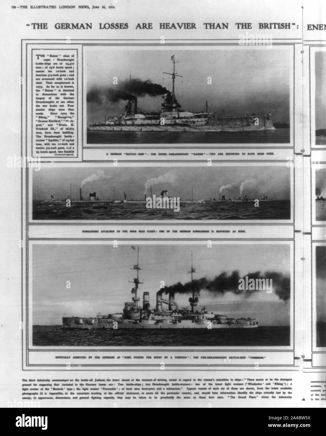 The German losses are heavier than the British. 3 views of German battleships KAISER & POMMERN, and U-boats. Stock Photo