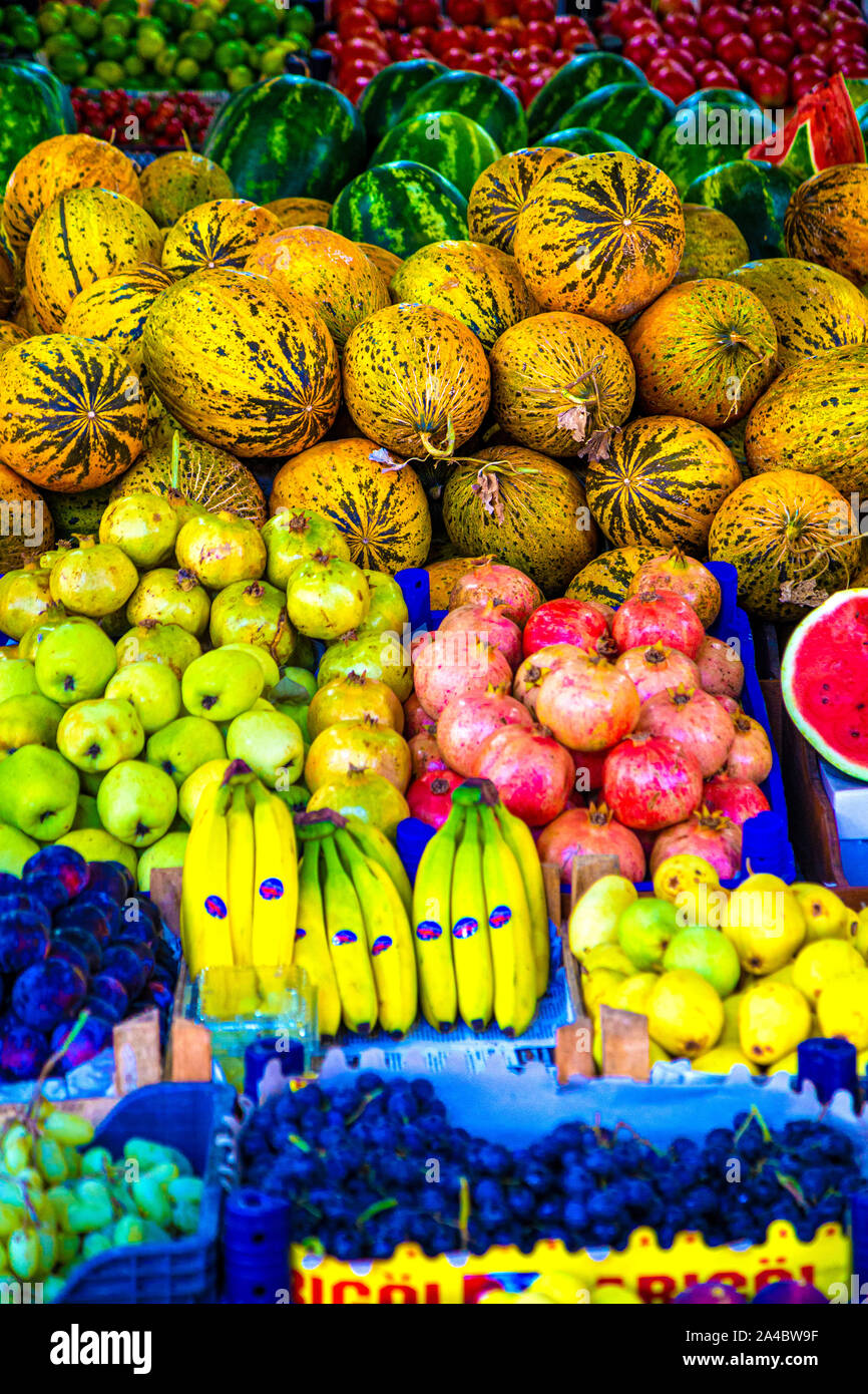 Fresh colourful fruit at the fish and vegetable market in Fethiye, Turkish Riviera, Turkey Stock Photo