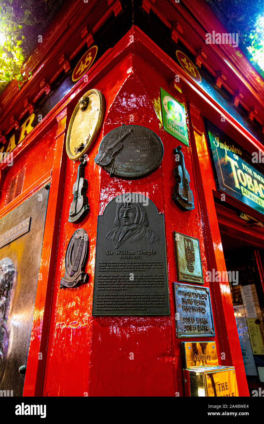 Red exterior of The Temple Bar, famous pub in Dublin, Ireland Stock