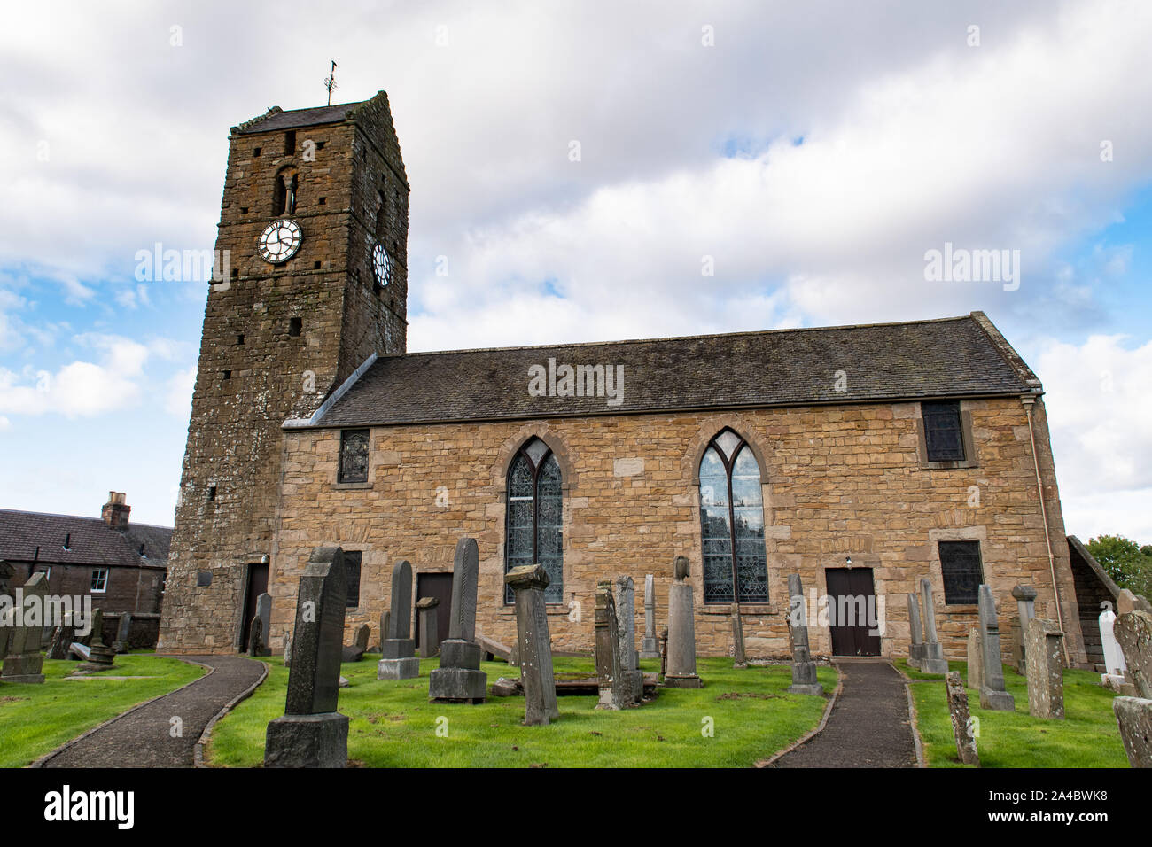 St Serf's Church in Dunning village in Perth in Scotland. Local parish church. Religious site in the UK. The church houses the Dupplin Cross, an origi Stock Photo