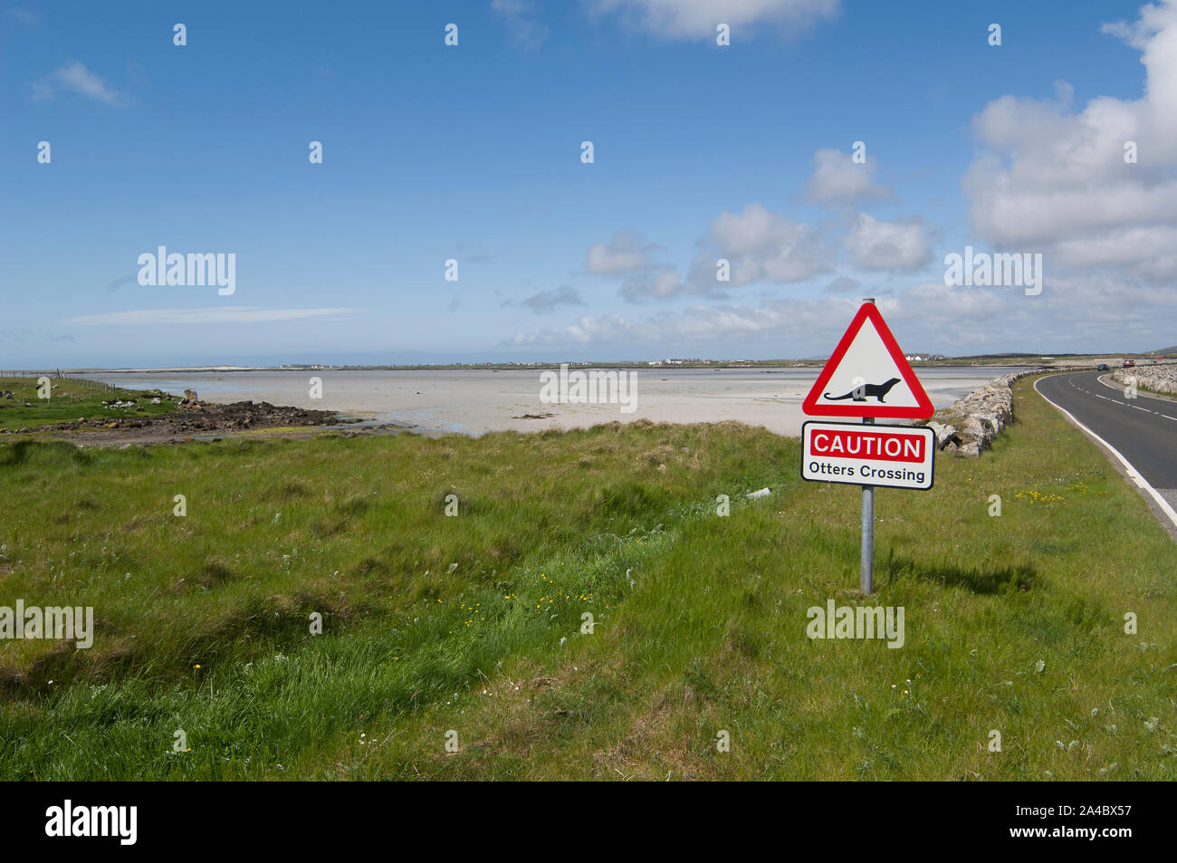 Road sign warning of Otter (Lutra lutra), South Uist, Western Isles, Scotland Stock Photo
