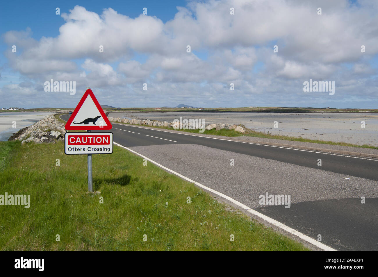 Road sign warning of Otter (Lutra lutra), South Uist, Western Isles, Scotland Stock Photo