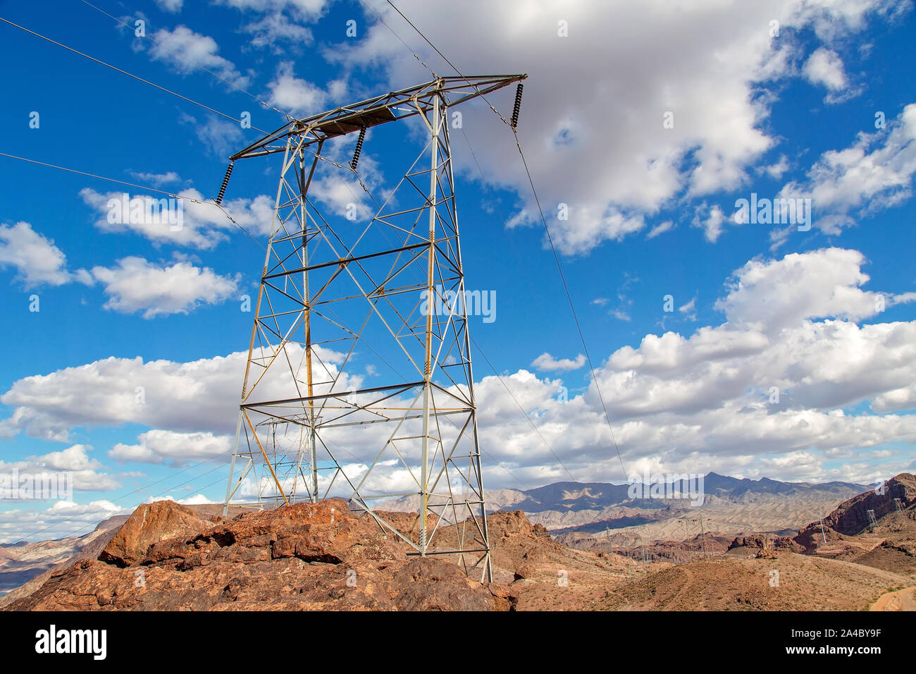 Overhead high-voltage electric lines supplying remote area with power ...