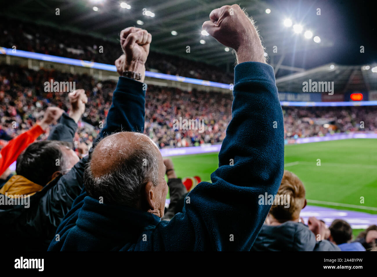 CARDIFF, WALES - OCTOBER 13: Welsh Fan celebrates the Gareth Bale goal during the UEFA Euro 2020 qualifier between Wales and Croatia Stock Photo