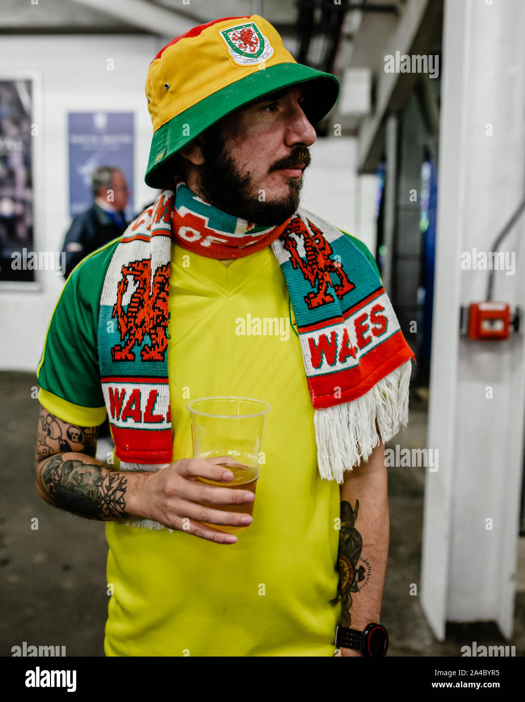 CARDIFF, WALES - OCTOBER 13: Welsh Fan in matching bucket hat and yellow  top during the UEFA Euro 2020 qualifier between Wales vs Croatia Stock  Photo - Alamy