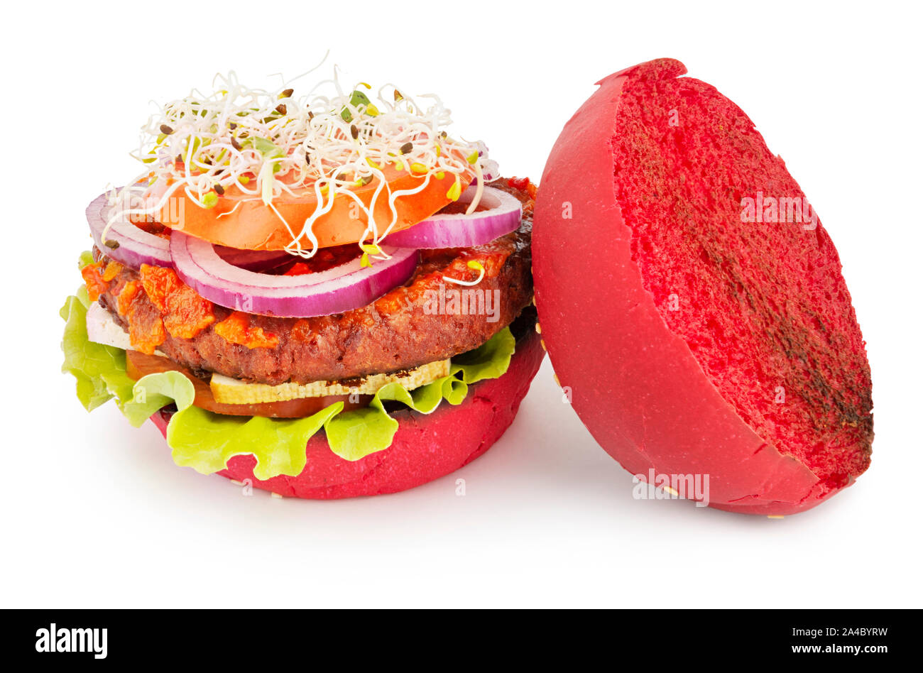 opened vegan burger with soy cutlet, tofu cheese, tomato sauce and microgreens Stock Photo