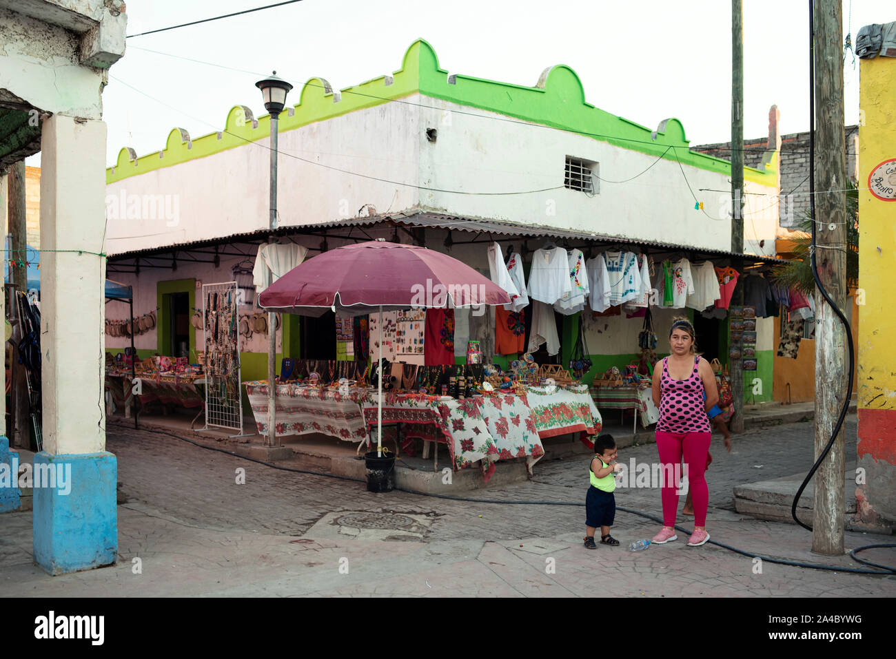 Street market with villagers. Daily living in the small and tranquil island-village of Mexcaltitán, Nayarit, Mexico, Jul 2019 Stock Photo