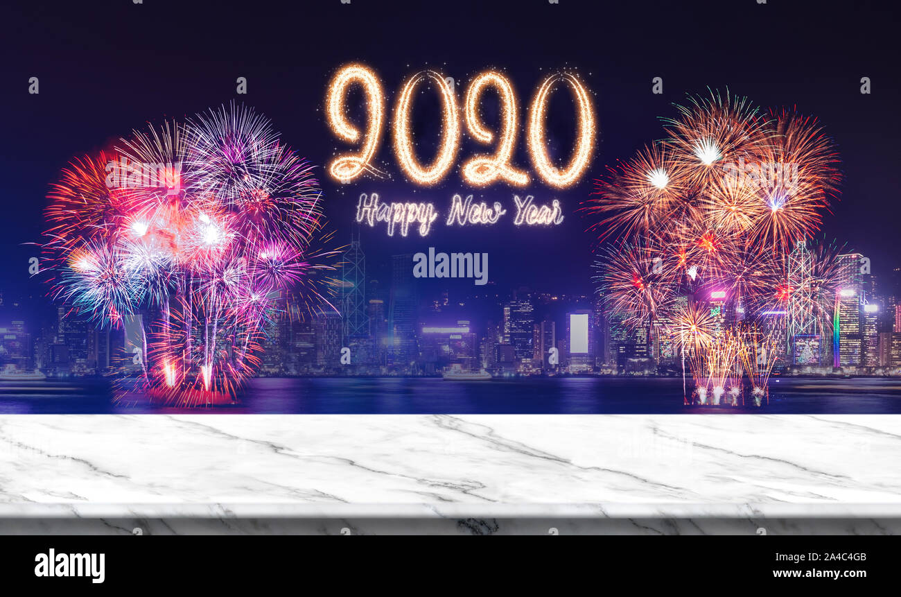 Happy new year 2020 (3d rendering) fireworks over cityscape at night ...