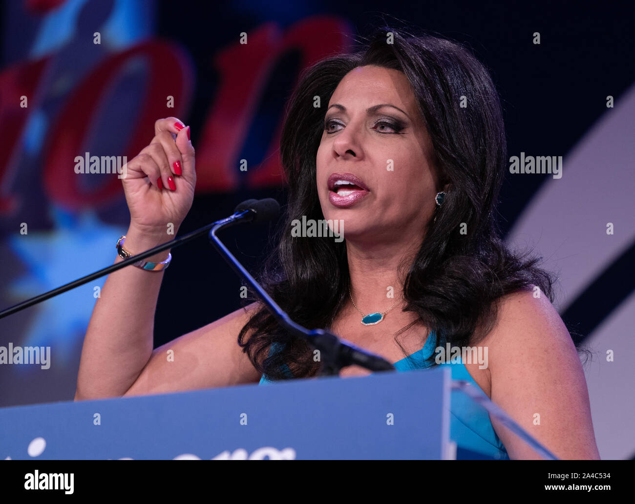 Washington, United States Of America. 12th Oct, 2019. Brigitte Gabriel, Founder and President of the anti-Islam group Act for America, speaks at the Values Voter Summit, a conference of Christian religious and social conservatives at the Omni Shoreham Hotel in Washington, DC on Saturday, October 12, 2019. The Values Voter Summit is produced and hosted by FRC Action, the political arm of the Family Research Council. (Photo by Jeff Malet) Photo via Credit: Newscom/Alamy Live News Stock Photo