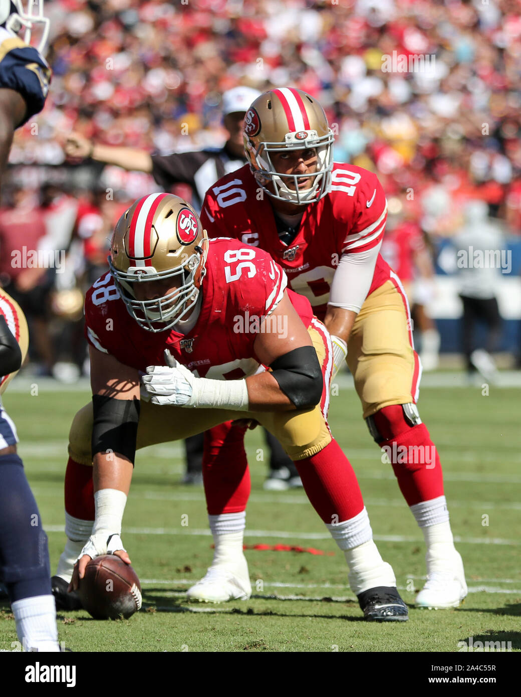Los Angeles, CA. 13th Oct, 2019. San Francisco 49ers quarterback Jimmy  Garoppolo #10 under center during the NFL game between San Francisco 49ers  vs Los Angeles Rams at the Los Angeles Memorial