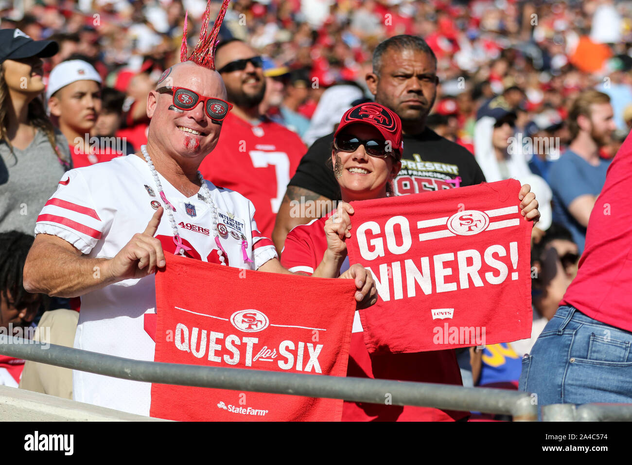 Los Angeles, CA. 13th Oct, 2019. San Francisco 49ers fans during the NFL game between San Francisco 49ers vs Los Angeles Rams at the Los Angeles Memorial Coliseum in Los Angeles, Ca on October 13, 2019. Photo by Jevone Moore. Credit: csm/Alamy Live News Stock Photo