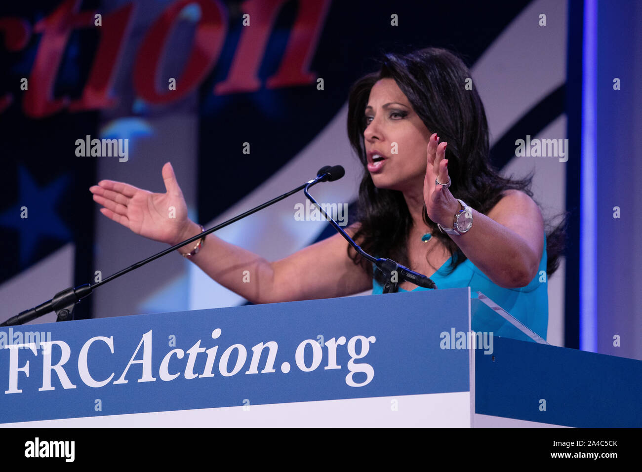 Washington, United States Of America. 12th Oct, 2019. Brigitte Gabriel, founder and president of the anti-Islam group Act for America, speaks at the Values Voter Summit, a conference of Christian religious and social conservatives at the Omni Shoreham Hotel in Washington, DC on Saturday, October 12, 2019. The Values Voter Summit is produced and hosted by FRC Action, the political arm of the Family Research Council. (Photo by Jeff Malet) Photo via Credit: Newscom/Alamy Live News Stock Photo