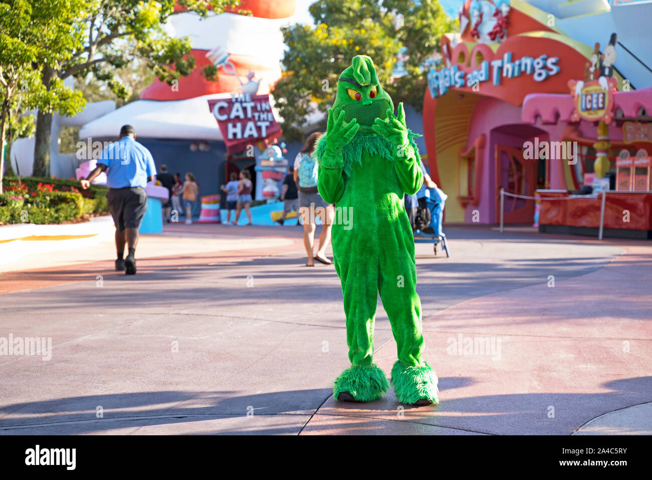 The Grinch, Dr. Seuss character, Seuss Landing, Islands of Adventure, Universal Studios Resort, Orlando, Florida, USA Stock Photo