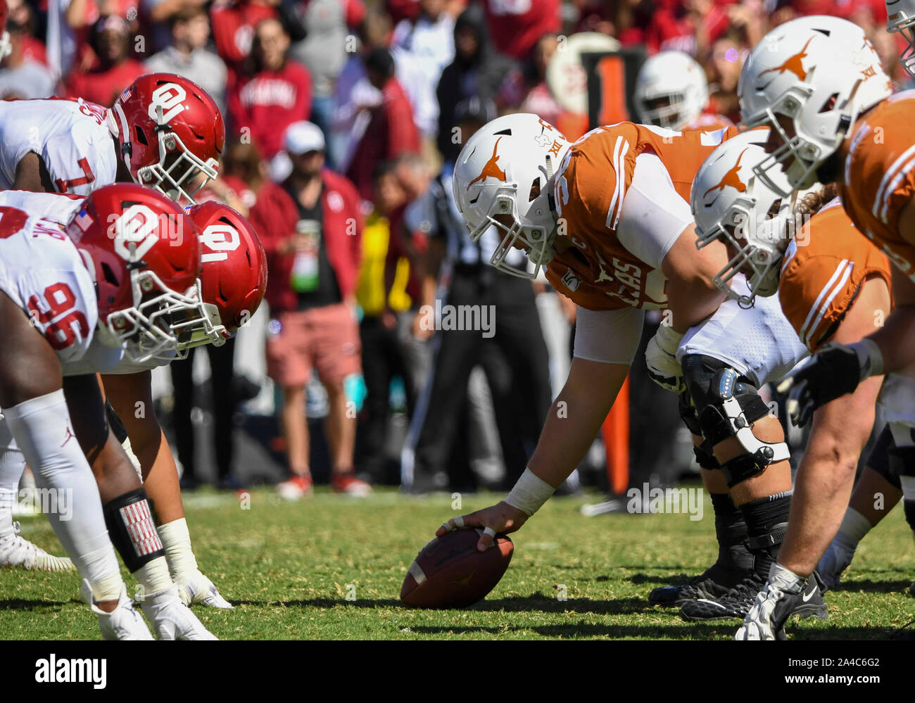 Oct 12, 2019: Texas Longhorns center Zach Shackelford #56 prepares to snap the ball during the NCAA Red River Rivalry game between the University of Oklahoma Sooners and the University of Texas Longhorns at the Cotton Bowl Stadium at Fair Park in Dallas, TX Oklahoma defeated 34-27 Albert Pena/CSM Stock Photo