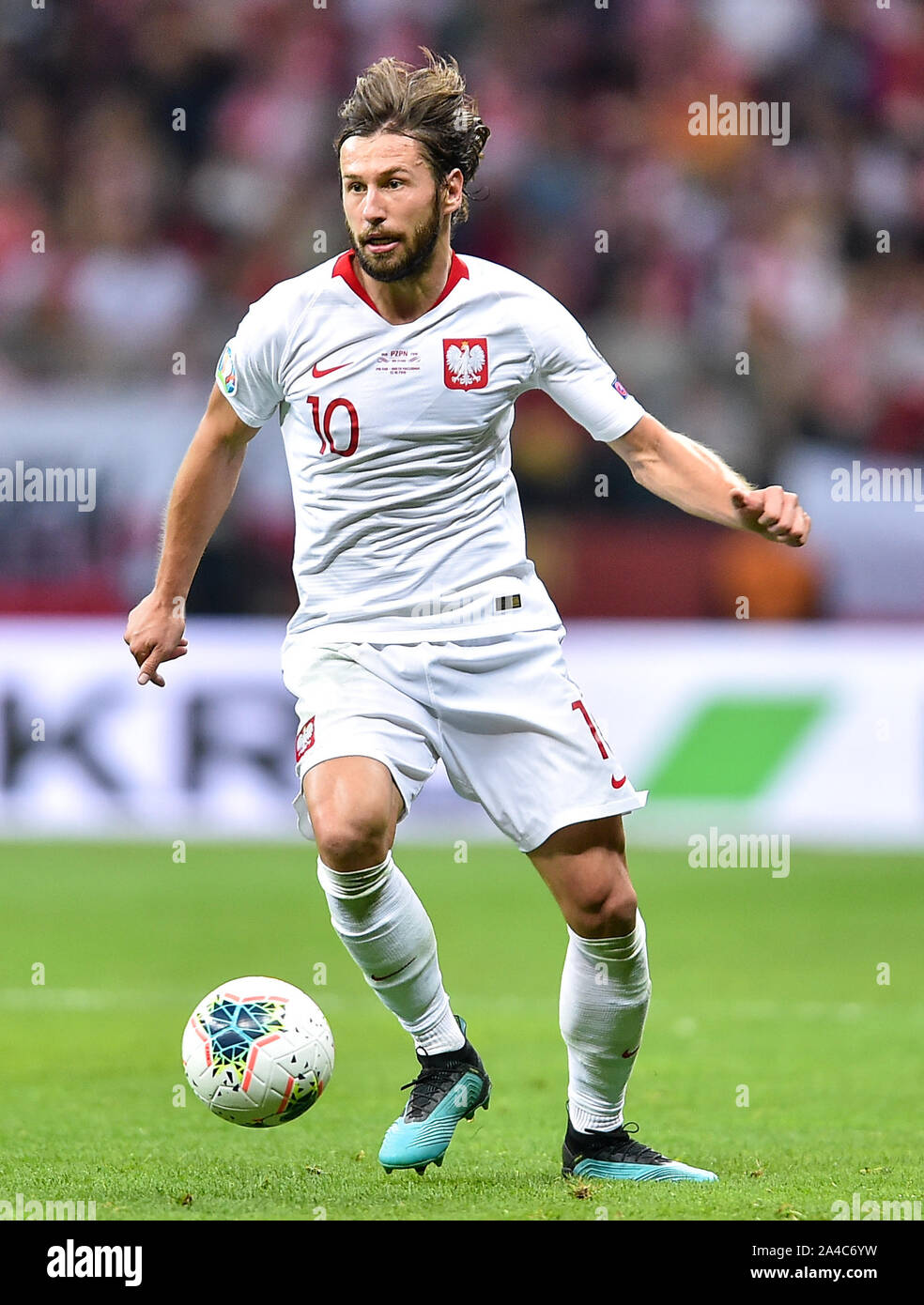 Warsaw, Poland. 13th Oct, 2019. Grzegorz Krychowiak of Poland competes during the UEFA Euro 2020 qualifier Group G match between Poland and North Macedonia in Warsaw, Poland, Oct. 13, 2019. Credit: Rafal Rusek/Xinhua/Alamy Live News Stock Photo