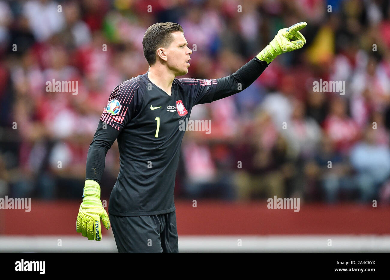 Warsaw, Poland. 13th Oct, 2019. Wojciech Szczesny of Poland reacts during the UEFA Euro 2020 qualifier Group G match between Poland and North Macedonia in Warsaw, Poland, Oct. 13, 2019. Credit: Rafal Rusek/Xinhua/Alamy Live News Stock Photo