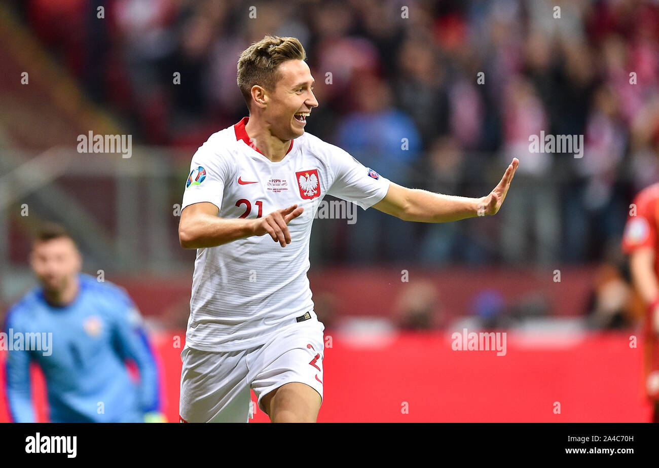 Warsaw, Poland. 13th Oct, 2019. Przemyslaw Frankowski of Poland celebrates during the UEFA Euro 2020 qualifier Group G match between Poland and North Macedonia in Warsaw, Poland, Oct. 13, 2019. Credit: Rafal Rusek/Xinhua/Alamy Live News Stock Photo